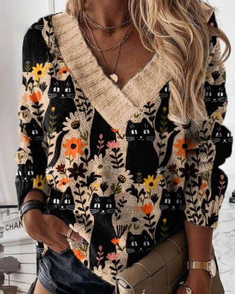 Mildred – Stilvolles Motiv V-Ausschnitt Pullover