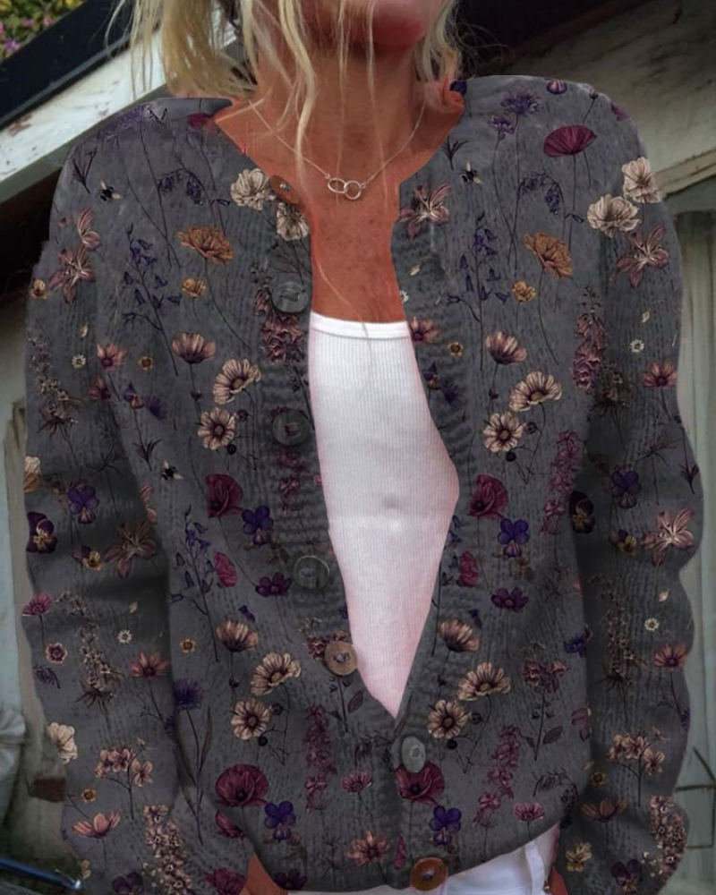 Elsbeth – Elegante Blüte Geknöpft Cardigan
