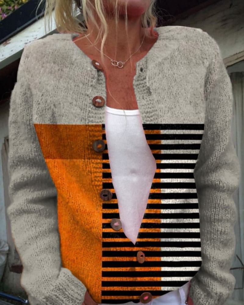 Anja – Moderne Streifen Geknöpft Cardigan