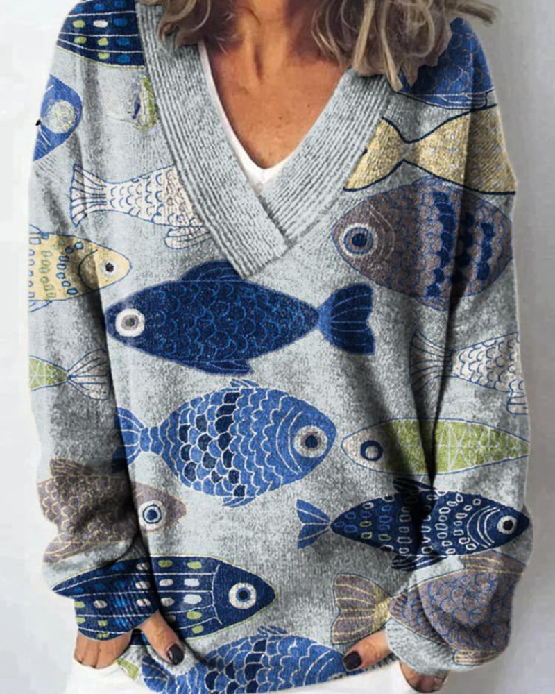 Zinnia – Verspielter Ozean V-Ausschnitt Pullover