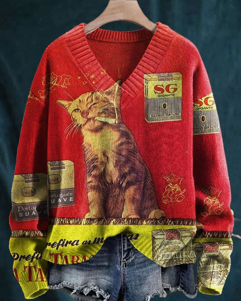 Calantha – Kühner Katzencharme V-Ausschnitt Pullover