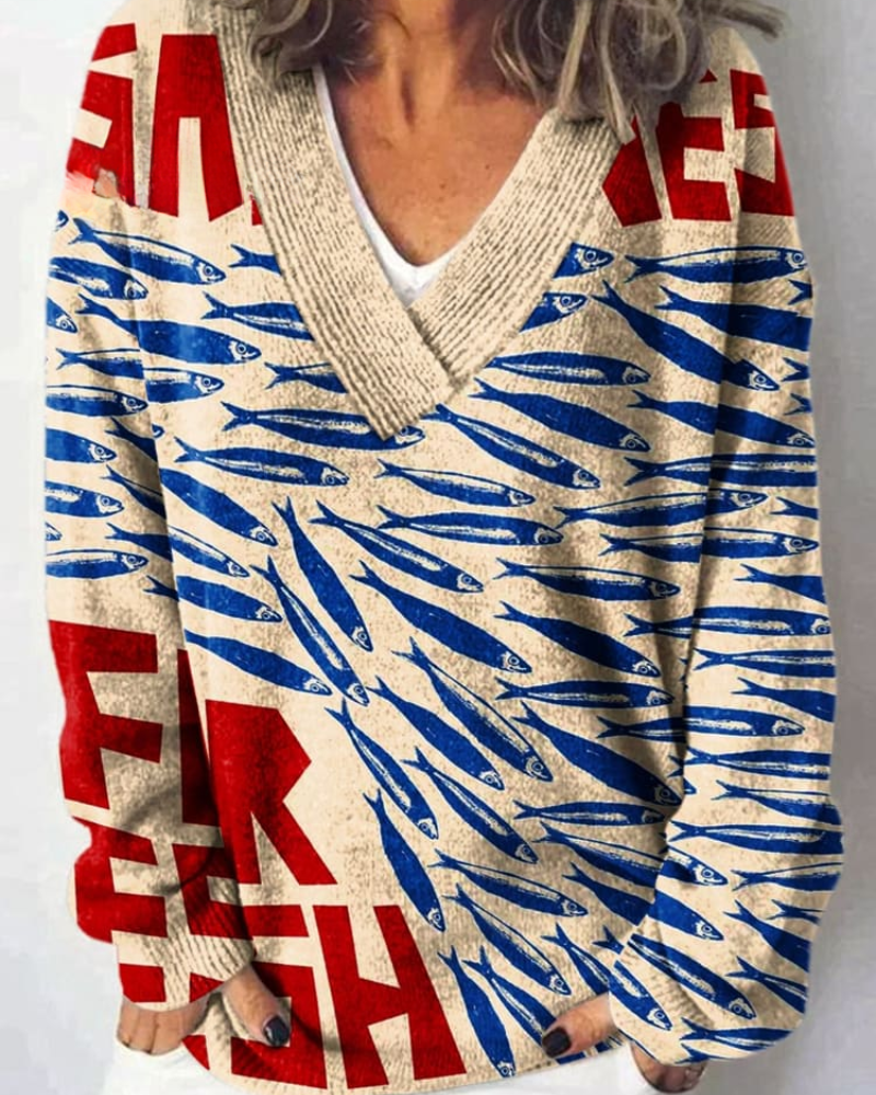 Lysandra – Einzigartige blaue Welle V-Ausschnitt Pullover