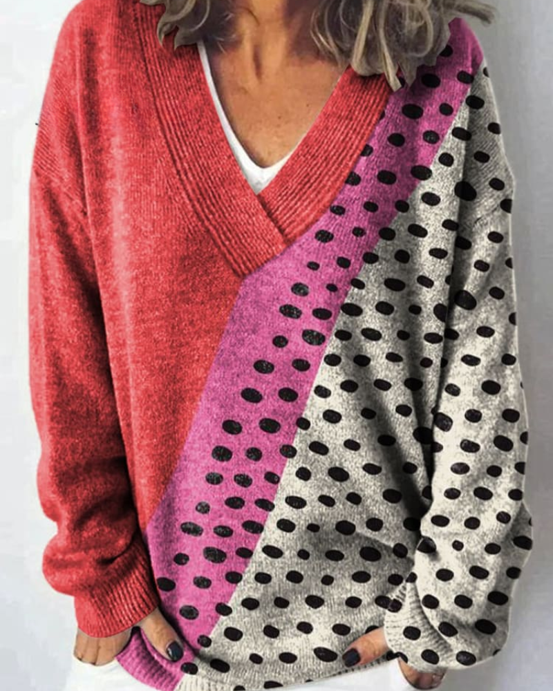 Agnez – Lebhafte Polka V-Ausschnitt Pullover