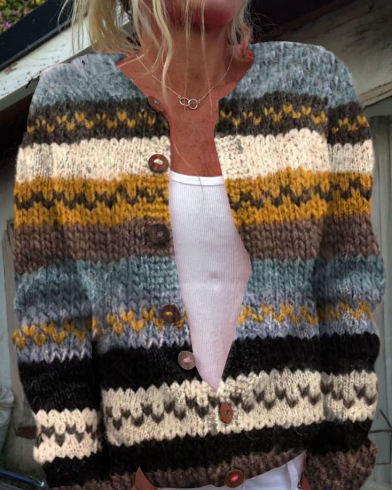Amalia – Gemütlich Gestreift Geknöpft Cardigan