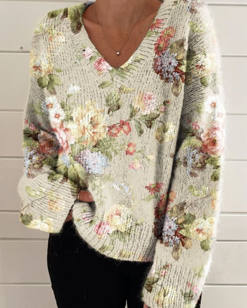 Louise – Klassische Blumenmuster V-Ausschnitt Pullover