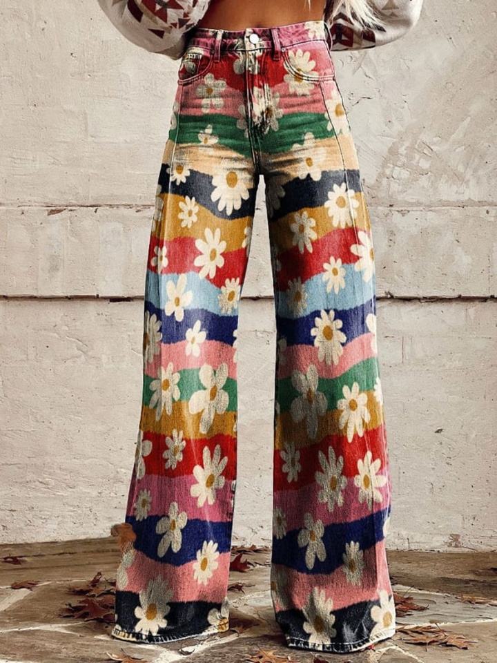 Loreli – Gänseblümchen-Regenbogen Hose mit Weitem Bein